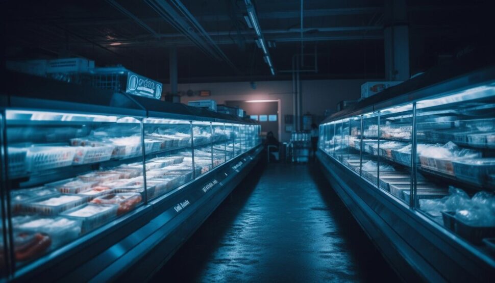 A long line of various food items displayed in a supermarket aisle.